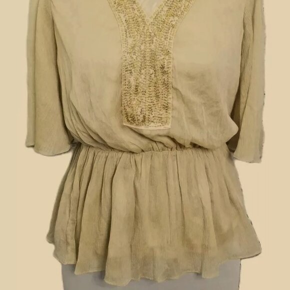 Badgley Mischka Flowy Gold Peplum Top Beaded Neckline 3/4 Sleeve SMALL NWT - Picture 3 of 6